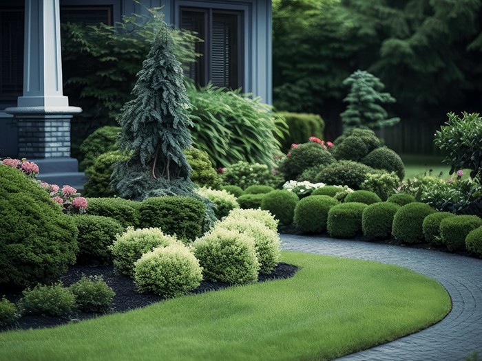 Beaytifully trimmed green shrubs with green landscaping in front of home.